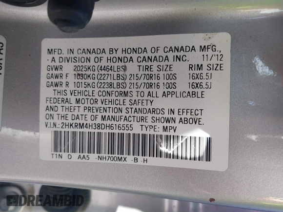 2013 Honda CR-V LX with VIN 2HKRM4H38DH616555, listed as a IAAI auction lot 41661369 with 152,534 mi miles and . Bid and sale history available at DreamBid. Image 9.