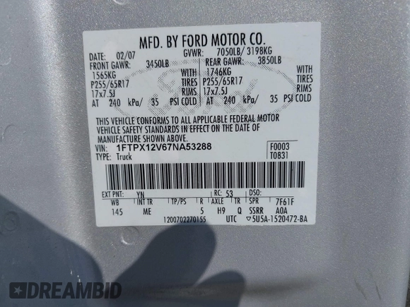 2007 Ford F-150 XL with VIN 1FTPX12V67NA53288, listed as a IAAI auction lot 42662176 with 203,752 mi miles and . Bid and sale history available at DreamBid. Image 9.