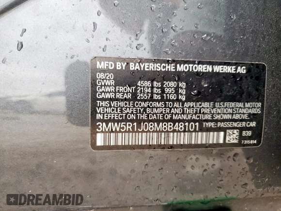 2021 BMW 3 Series 330i with VIN 3MW5R1J08M8B48101, listed as a Copart auction lot 57802525 with 47,604 mi miles and Salvage title. Bid and sale history available at DreamBid. Image 13.