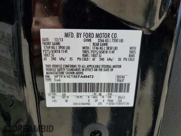 2014 Ford F-150 XL with VIN 1FTFX1ET5EFA49472, listed as a Copart auction lot 48054815 with 137,860 mi miles and Salvage Title. Bid and sale history available at carsss.com. Image 12.