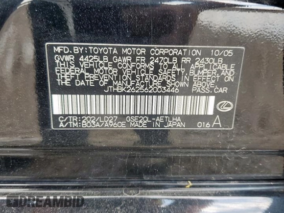 2006 Lexus IS 250 z VIN JTHBK262562003446, wystawiony jako Copart lot #58966215 z przebiegiem 234 455 mil mil oraz Szkoda całkowita • Salvage title. Historia ofert i sprzedaży dostępna na DreamBid. Obrazek 13.
