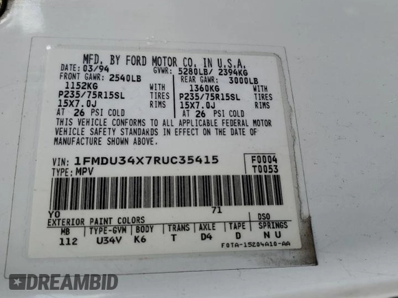 1994 Ford Explorer Eddie Bauer z VIN 1FMDU34X7RUC35415, wystawiony jako Copart lot #41409873 z przebiegiem 119 282 mil mil oraz Szkoda całkowita • Salvage title. Historia ofert i sprzedaży dostępna na DreamBid. Obrazek 13.