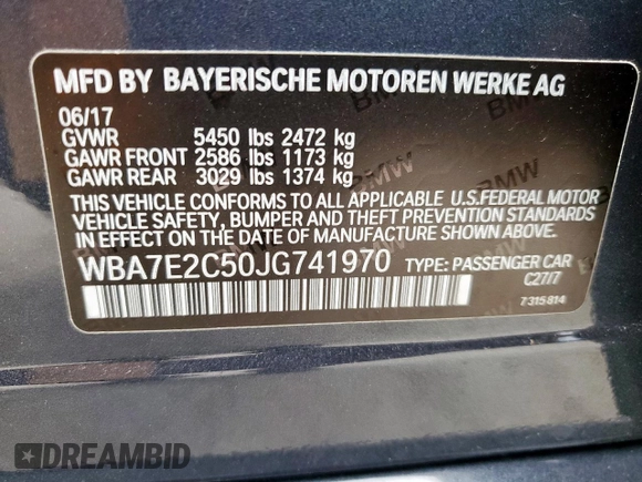 2018 BMW 7 Series 740i with VIN WBA7E2C50JG741970, listed as a Copart auction lot 56480695 with 53,740 mi miles and Salvage title. Bid and sale history available at DreamBid. Image 13.