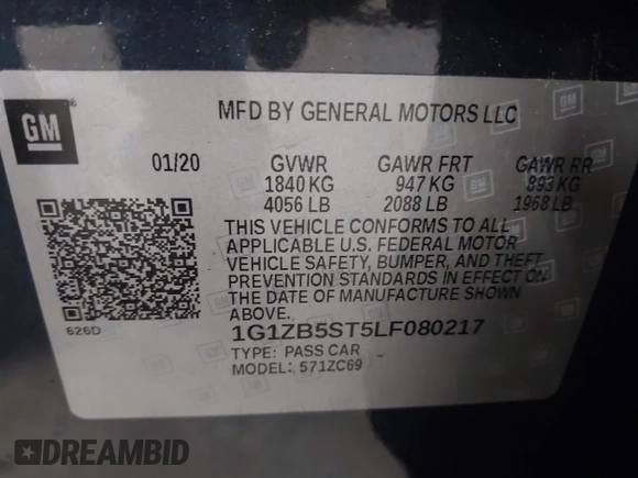 2020 Chevrolet Malibu LS with VIN 1G1ZB5ST5LF080217, listed as a IAAI auction lot 42122593 with 80,579 mi miles and . Bid and sale history available at DreamBid. Image 9.