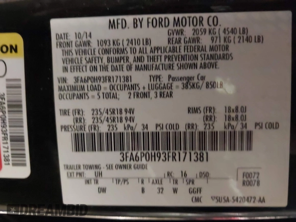 2015 Ford Fusion SE with VIN 3FA6P0H93FR171381, listed as a IAAI auction lot 41169278 with 145,897 mi miles. Bid and sale history available at carsss.com. Image 9.