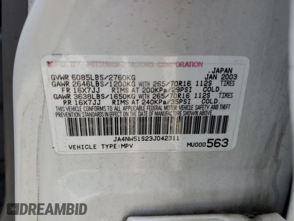 2003 Mitsubishi Montero Limited z VIN JA4NW51S23J042311, wystawiony jako Copart lot #54429895 z przebiegiem 119 138 mil mil oraz Szkoda całkowita • Salvage title. Historia ofert i sprzedaży dostępna na DreamBid. Obrazek 13.