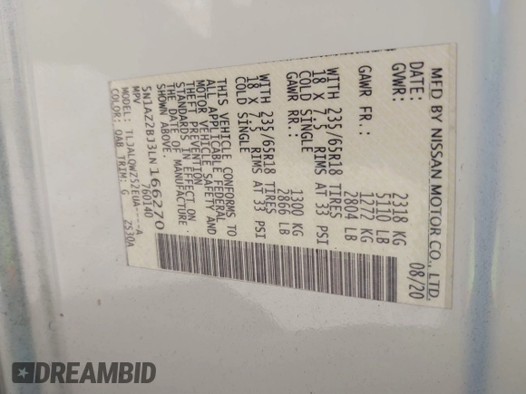 2020 Nissan Murano SV z VIN 5N1AZ2BJ3LN166270, wystawiony jako IAAI lot #41479089 z przebiegiem 28 427 mil mil oraz . Historia ofert i sprzedaży dostępna na DreamBid. Obrazek 9.