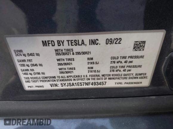 2022 Tesla Model S with VIN 5YJSA1E57NF493457, listed as a IAAI auction lot 41456284 with Not Provided miles and . Bid and sale history available at DreamBid. Image 9.