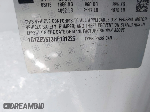 2017 Chevrolet Malibu LT with VIN 1G1ZE5ST3HF101225, listed as a IAAI auction lot 41891654 with 109,491 mi miles and . Bid and sale history available at DreamBid. Image 9.