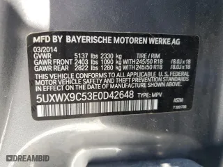 2014 BMW X3 xDrive28i with VIN 5UXWX9C53E0D42648, listed as a Copart auction lot 52820995 with 68,553 mi miles and Salvage Title. Bid and sale history available at carsss.com. Image 13.