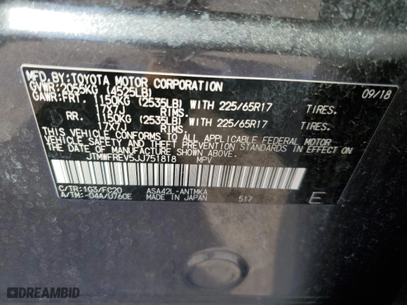 2018 Toyota RAV4 XLE with VIN JTMWFREV5JJ751818, listed as a Copart auction lot 50824115 with 69,859 mi miles and Salvage Title. Bid and sale history available at carsss.com. Image 13.