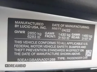 2022 Lucid Air Grand Touring with VIN 50EA1GBA5NA001268, listed as a IAAI auction lot 41866289 with 7,498 mi miles. Bid and sale history available at carsss.com. Image 9.