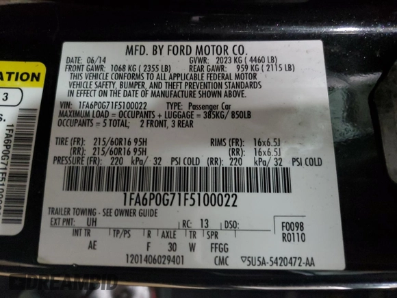 2015 Ford Fusion S with VIN 1FA6P0G71F5100022, listed as a Copart auction lot 41562315 with 77,180 mi miles and Salvage Title. Bid and sale history available at DreamBid. Image 12.