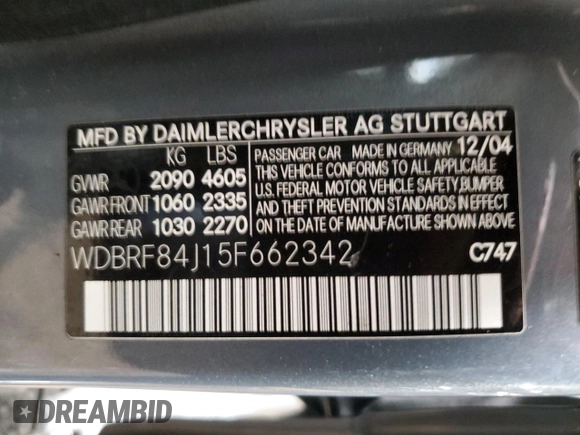2005 Mercedes-Benz C 320 с VIN WDBRF84J15F662342, выставлен на аукционе Copart как лот 44009115 с пробегом 172 017 миль миль и Списание • Salvage title. История ставок и продаж доступна на DreamBid. Изображение 12.