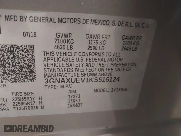 2019 Chevrolet Equinox LT with VIN 3GNAXUEV1KS516124, listed as a IAAI auction lot 42162161 with 83,897 mi miles and . Bid and sale history available at DreamBid. Image 9.