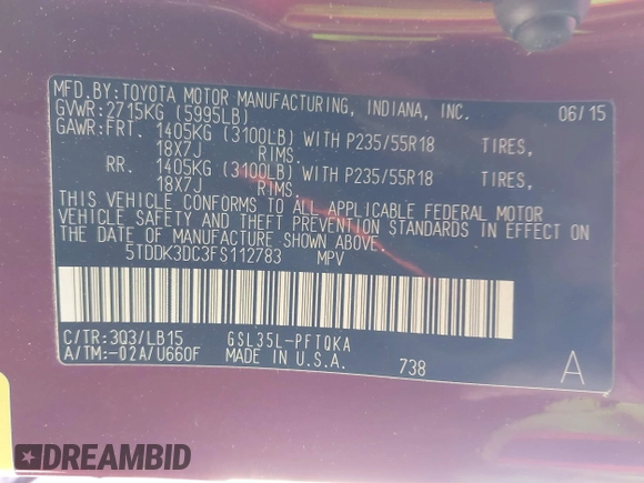 2015 Toyota Sienna Ltd with VIN 5TDDK3DC3FS112783, listed as a IAAI auction lot 41435212 with 62,793 mi miles. Bid and sale history available at carsss.com. Image 9.