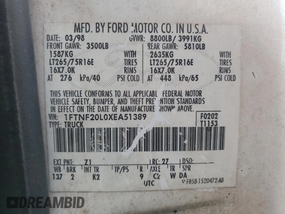 1999 Ford Super Duty F-250 XL with VIN 1FTNF20L0XEA51389, listed as a Copart auction lot 52618635 with 198,767 mi miles and Salvage Title. Bid and sale history available at carsss.com. Image 14.