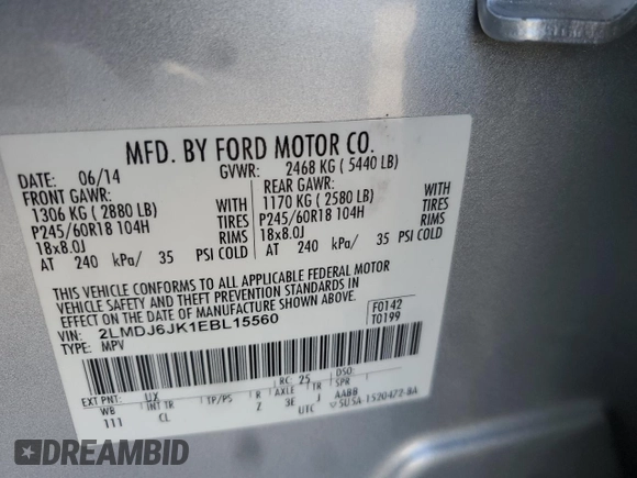 2014 Lincoln MKX with VIN 2LMDJ6JK1EBL15560, listed as a Copart auction lot 49206495 with 74,430 mi miles and Salvage Title. Bid and sale history available at DreamBid. Image 15.
