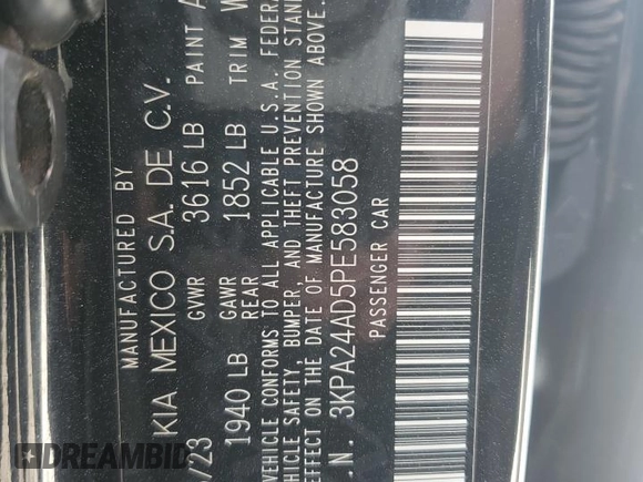 2023 Kia Rio S z VIN 3KPA24AD5PE583058, wystawiony jako Copart lot #48995725 z przebiegiem 35 611 mil mil oraz Szkoda całkowita • Salvage title. Historia ofert i sprzedaży dostępna na DreamBid. Obrazek 15.