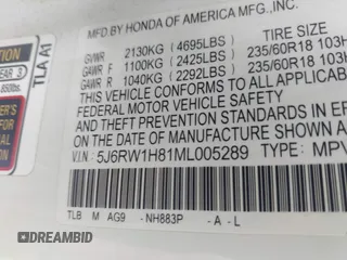 2021 Honda CR-V EX-L with VIN 5J6RW1H81ML005289, listed as a IAAI auction lot 42003777 with 114,552 mi miles and . Bid and sale history available at DreamBid. Image 9.