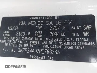2024 Kia Forte LXS with VIN 3KPF24AD2RE763235, listed as a IAAI auction lot 41529459 with 17,006 mi miles. Bid and sale history available at carsss.com. Image 9.