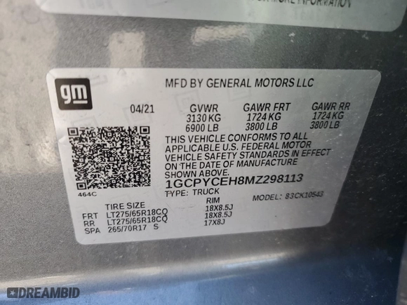 2021 Chevrolet Silverado 1500 Custom Trail Boss with VIN 1GCPYCEH8MZ298113, listed as a Copart auction lot 47042685 with 105,146 mi miles and Salvage Title. Bid and sale history available at carsss.com. Image 12.