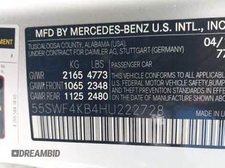 2017 Mercedes-Benz C 300 with VIN 55SWF4KB4HU222728, listed as a IAAI auction lot 38335318 with 64,285 mi miles and . Bid and sale history available at carsss.com. Image 9.