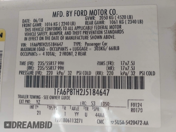 2018 Ford Mustang EcoBoost with VIN 1FA6P8TH2J5184647, listed as a IAAI auction lot 42293124 with Not provided miles and . Bid and sale history available at DreamBid. Image 9.