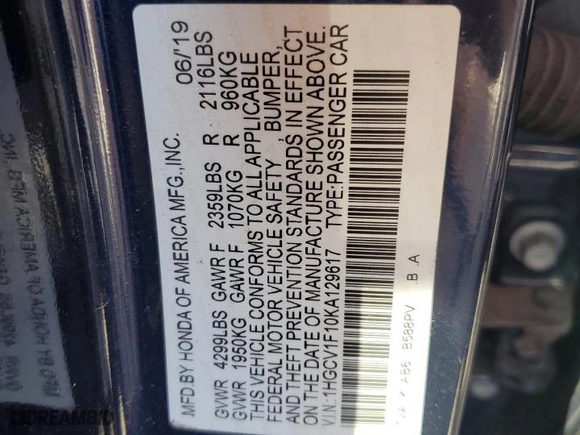 2019 Honda Accord Sedan LX 1.5T with VIN 1HGCV1F10KA129617, listed as a Copart auction lot 44258975 with NaN miles and Salvage Title. Bid and sale history available at carsss.com. Image 13.