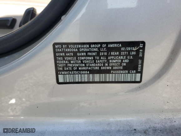 2013 Volkswagen Passat SE w/Sunroof with VIN 1VWBH7A37DC106854, listed as a Copart auction lot 51407465 with 141,850 mi miles and Salvage Title. Bid and sale history available at carsss.com. Image 12.