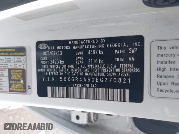 2014 Kia Optima SXL Turbo with VIN 5XXGR4A60EG270821, listed as a IAAI auction lot 41909669 with 242,119 mi miles and . Bid and sale history available at DreamBid. Image 9.