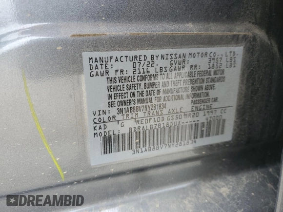 2022 Nissan Sentra S with VIN 3N1AB8BV7NY281834, listed as a Copart auction lot 47828375 with 45,484 mi miles and Salvage Title. Bid and sale history available at carsss.com. Image 14.