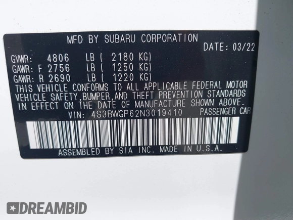 2022 Subaru Legacy Touring XT with VIN 4S3BWGP62N3019410, listed as a IAAI auction lot 42320484 with 39,949 mi miles and . Bid and sale history available at DreamBid. Image 9.