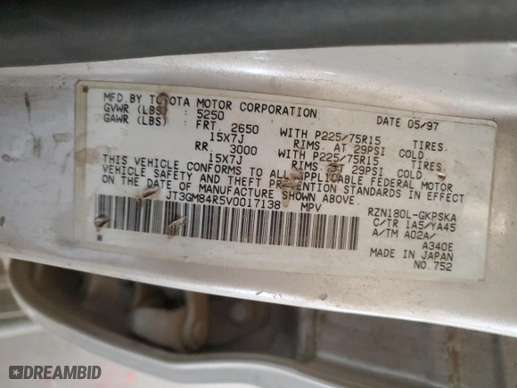 1997 Toyota 4Runner with VIN JT3GM84R5V0017138, listed as a Copart auction lot 89400255 with 268,162 mi miles and Salvage Title. Bid and sale history available at carsss.com. Image 12.