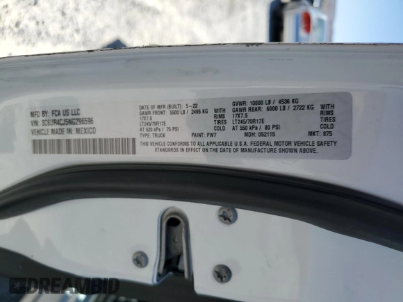 2022 Ram 2500 Tradesman z VIN 3C6UR4CJ5NG296596, wystawiony jako Copart lot #60593573 z przebiegiem Nie podano mil oraz . Historia ofert i sprzedaży dostępna na DreamBid. Obrazek 13.