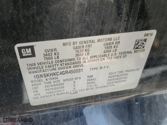 2016 Chevrolet Suburban LT with VIN 1GNSKHKC4GR450031, listed as a Copart auction lot 54150325 with 374,069 mi miles and Clean Title. Bid and sale history available at carsss.com. Image 14.