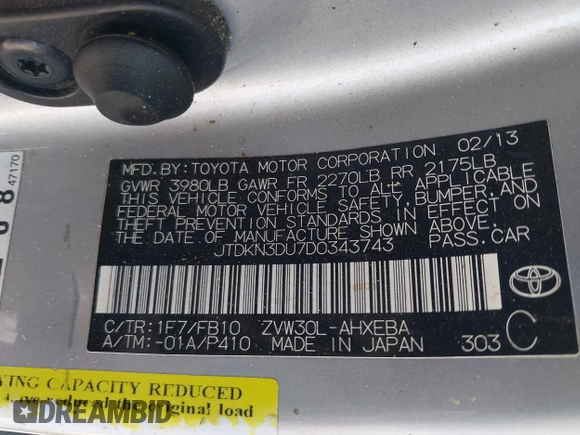 2013 Toyota Prius One with VIN JTDKN3DU7D0343743, listed as a IAAI auction lot 41816317 with 183,096 mi miles. Bid and sale history available at carsss.com. Image 9.
