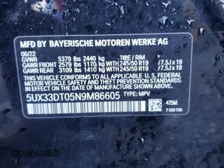 2022 BMW X4 xDrive30i with VIN 5UX33DT05N9M86605, listed as a Copart auction lot 40251784 with 38,430 mi miles. Bid and sale history available at carsss.com. Image 12.