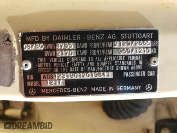 1980 Mercedes-Benz 300 с VIN 12319012019843, выставлен на аукционе Copart как лот 66558265 с пробегом 116 912 миль миль и Чистый • Clean title. История ставок и продаж доступна на DreamBid. Изображение 13.