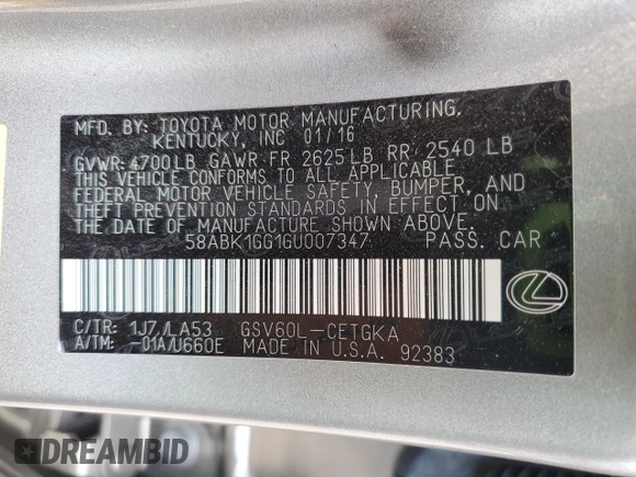 2016 Lexus ES 330 с VIN 58ABK1GG1GU007347, выставлен на аукционе Copart как лот 53847205 с пробегом 69 181 миль миль и Списание • Salvage title. История ставок и продаж доступна на DreamBid. Изображение 12.