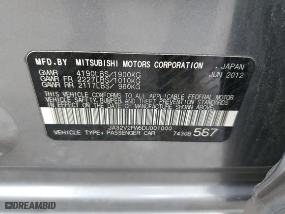 2013 Mitsubishi Lancer SE with VIN JA32V2FW5DU001000, listed as a Copart auction lot 46827025 with 135,221 mi miles and Clean Title. Bid and sale history available at carsss.com. Image 12.