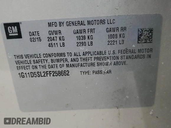 2015 Chevrolet Malibu LT with VIN 1G11D5SL2FF258662, listed as a Copart auction lot 44935755 with 199,578 mi miles and Salvage Title. Bid and sale history available at DreamBid. Image 12.