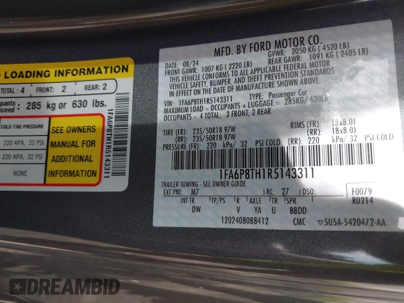 2024 Ford Mustang EcoBoost with VIN 1FA6P8TH1R5143311, listed as a IAAI auction lot 42093284 with 2,255 mi miles and . Bid and sale history available at DreamBid. Image 9.