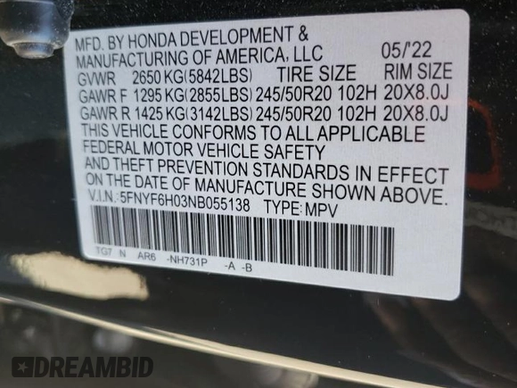 2022 Honda Pilot Elite z VIN 5FNYF6H03NB055138, wystawiony jako Copart lot #56964055 z przebiegiem 40 012 mil mil oraz Szkoda całkowita • Salvage title. Historia ofert i sprzedaży dostępna na DreamBid. Obrazek 13.