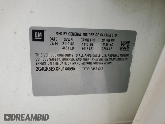 2015 Buick Regal with VIN 2G4GK5EXXF9144595, listed as a Copart auction lot 58070525 with 126,663 mi miles and Salvage title. Bid and sale history available at DreamBid. Image 13.