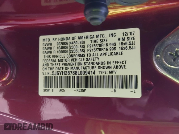 2008 Honda Element EX with VIN 5J6YH28788L009414, listed as a IAAI auction lot 42171804 with 227,231 mi miles and . Bid and sale history available at DreamBid. Image 9.
