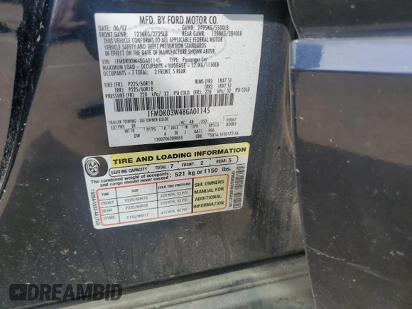 2008 Ford Taurus X Limited with VIN 1FMDK03W48GA01145, listed as a Copart auction lot 60896755 with 155,763 mi miles and Salvage title. Bid and sale history available at DreamBid. Image 12.