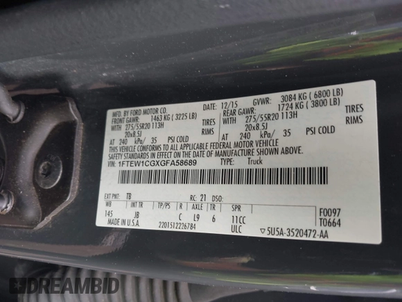 2016 Ford F-150 XL with VIN 1FTEW1CGXGFA58689, listed as a IAAI auction lot 42363270 with 120,104 mi miles and . Bid and sale history available at DreamBid. Image 9.