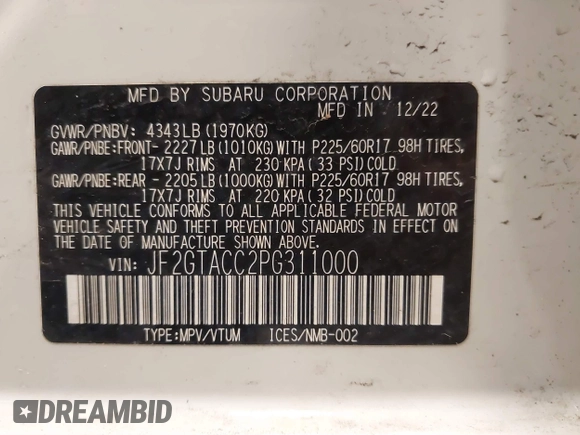 2023 Subaru Crosstrek Premium с VIN JF2GTACC2PG311000, выставлен на аукционе IAAI как лот 41688634 с пробегом 46 231 миль миль и . История ставок и продаж доступна на DreamBid. Изображение 9.