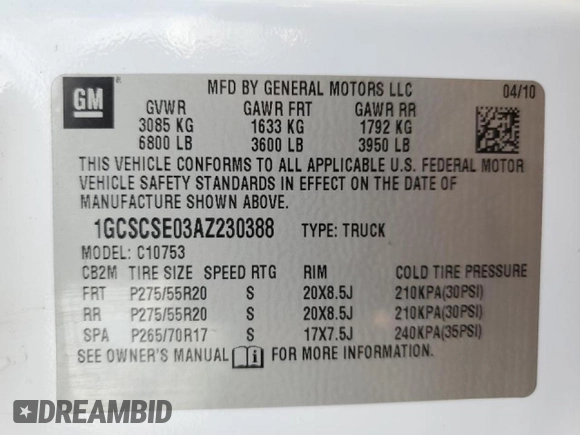 2010 Chevrolet Silverado 1500 LT with VIN 1GCSCSE03AZ230388, listed as a Copart auction lot 43829685 with 193,166 mi miles and Salvage Title. Bid and sale history available at DreamBid. Image 12.